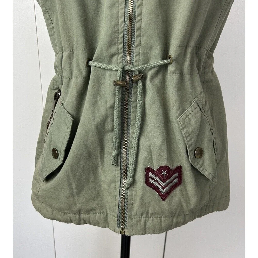 YMI Collection Removable Hood Full Zip pockets Cargo Vest Jacket Sz S Army Green
